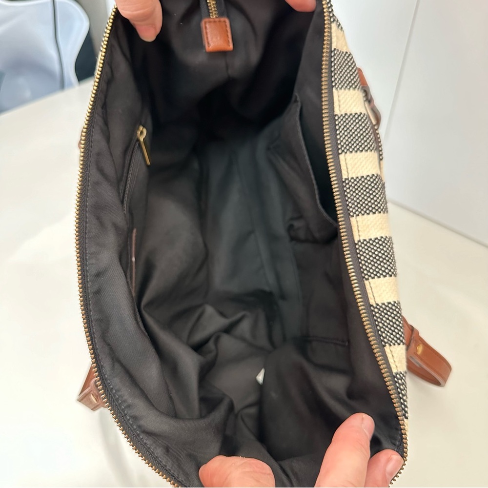 Fossil Stripe Canvas Tote Black Cream Leather Straps Purse Handbag - Picture 16 of 16